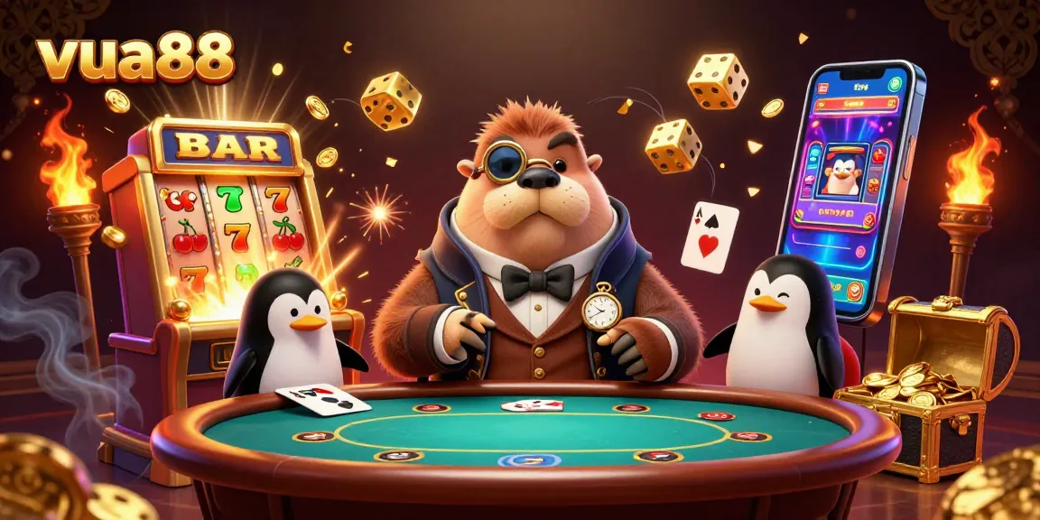Experience thrilling moments at VUA88 with a jolly walrus playing poker in a vibrant casino scene.
