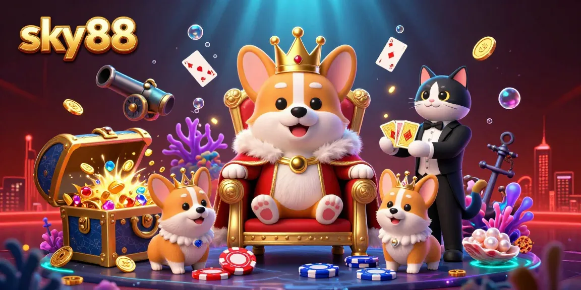 Engage with sky88 as corgis thrive on poker chips amidst treasures in a vibrant casino scene.