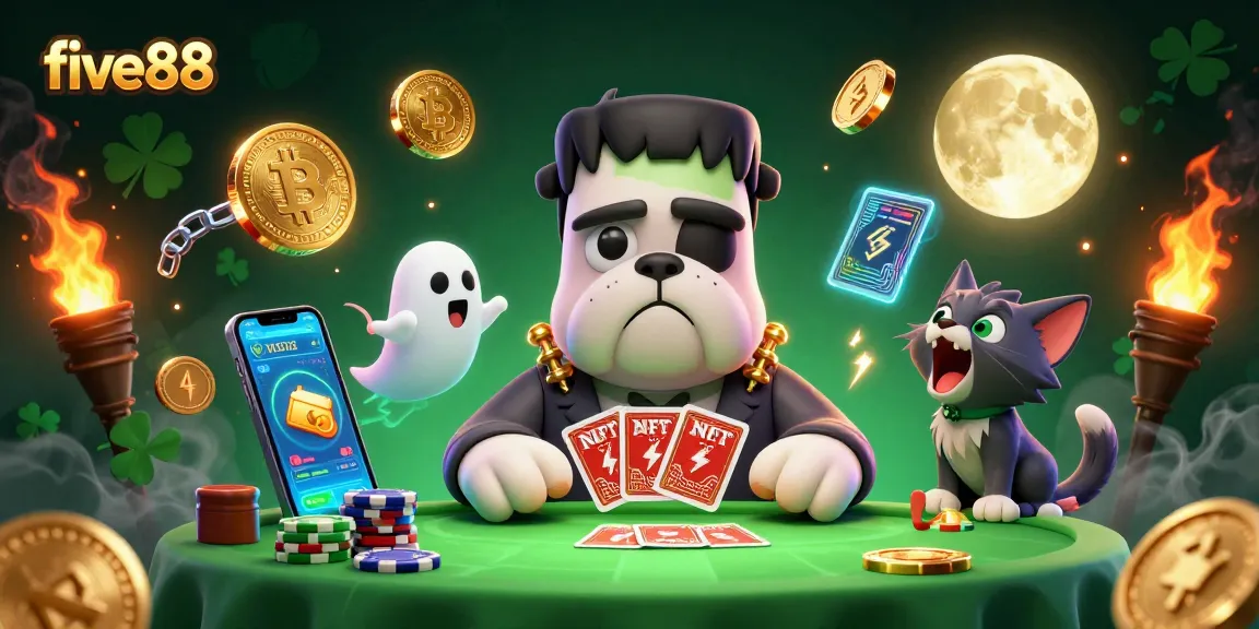 Experience winning strategies with five88 featuring a vibrant casino scene involving characters dealing cards.