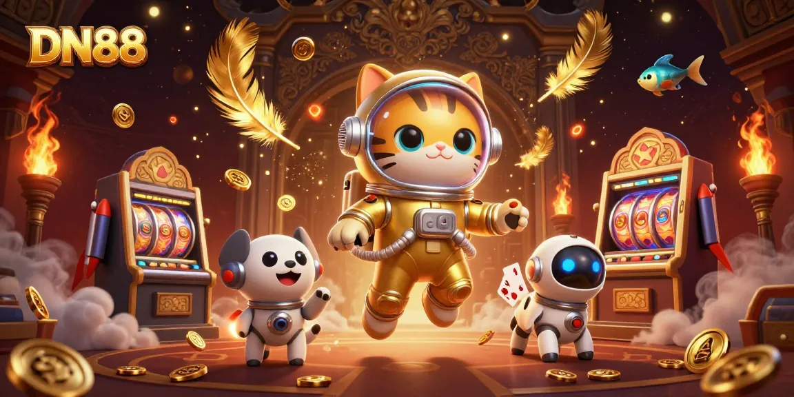 Engage with the vibrant DN88 gaming scene featuring a golden astronaut cat and robot dog