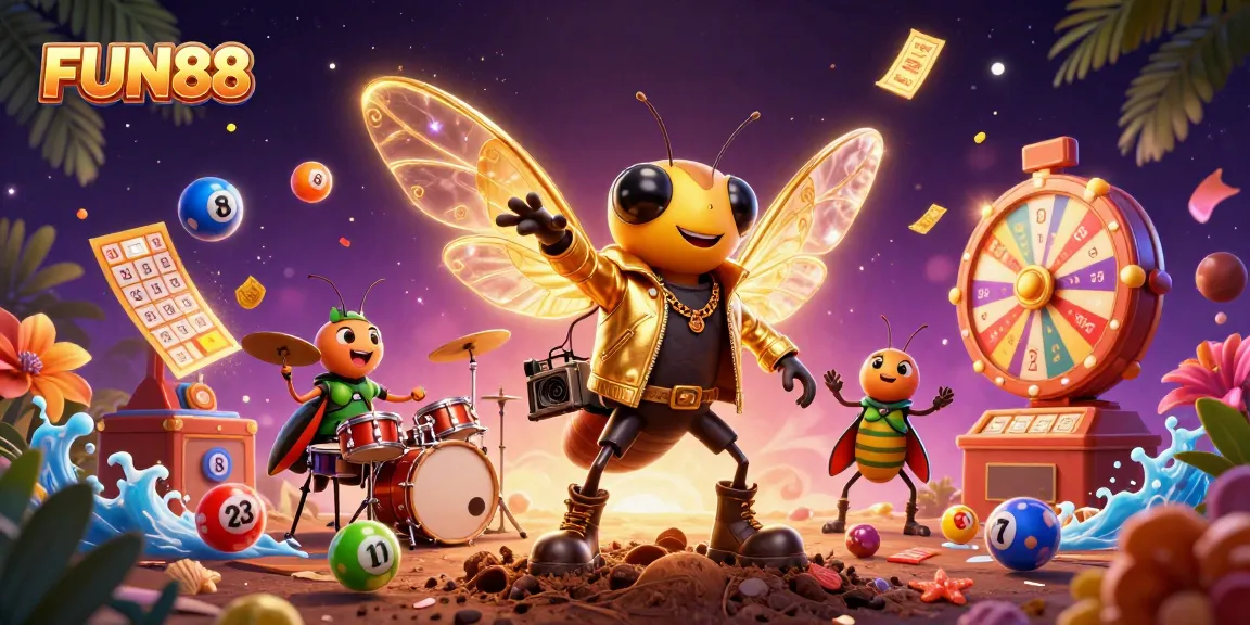Experience the excitement of FUN88 with a vibrant scene of a rock-star cicada and casino elements.