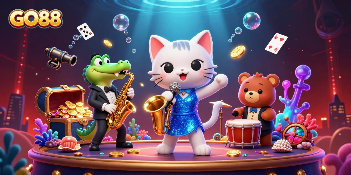 Experience exciting gaming with GO88, featuring vibrant characters in a lively casino environment.