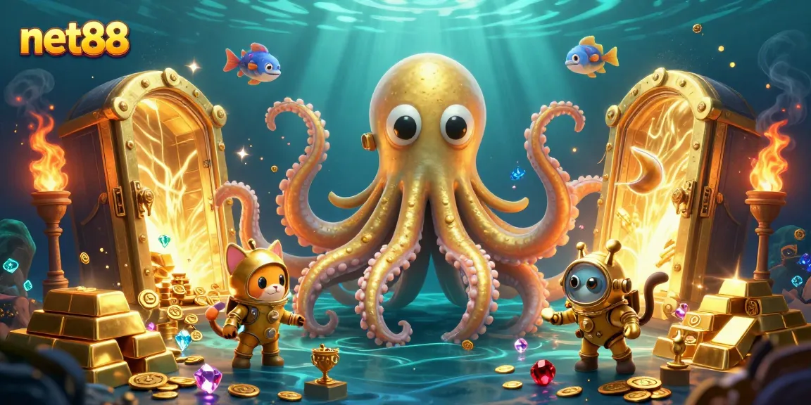 Experience exciting betting action with net88 as the kraken reveals treasure in this vibrant scene.