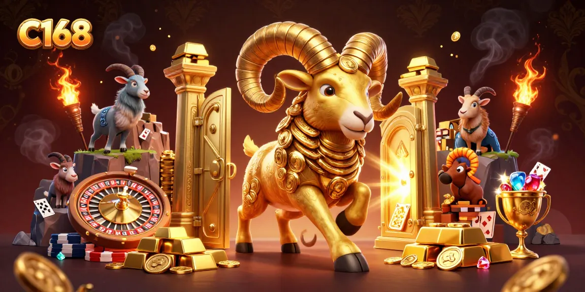 C168 elevates your casino experience with stunning visuals of a golden ram charging through a vibrant gambling scene.