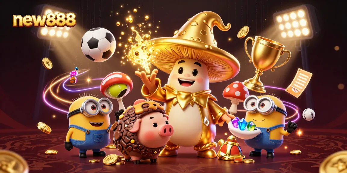 Experience thrilling gameplay at new888 with a golden mushroom wizard and treasure-sniffing pig amid sports elements.