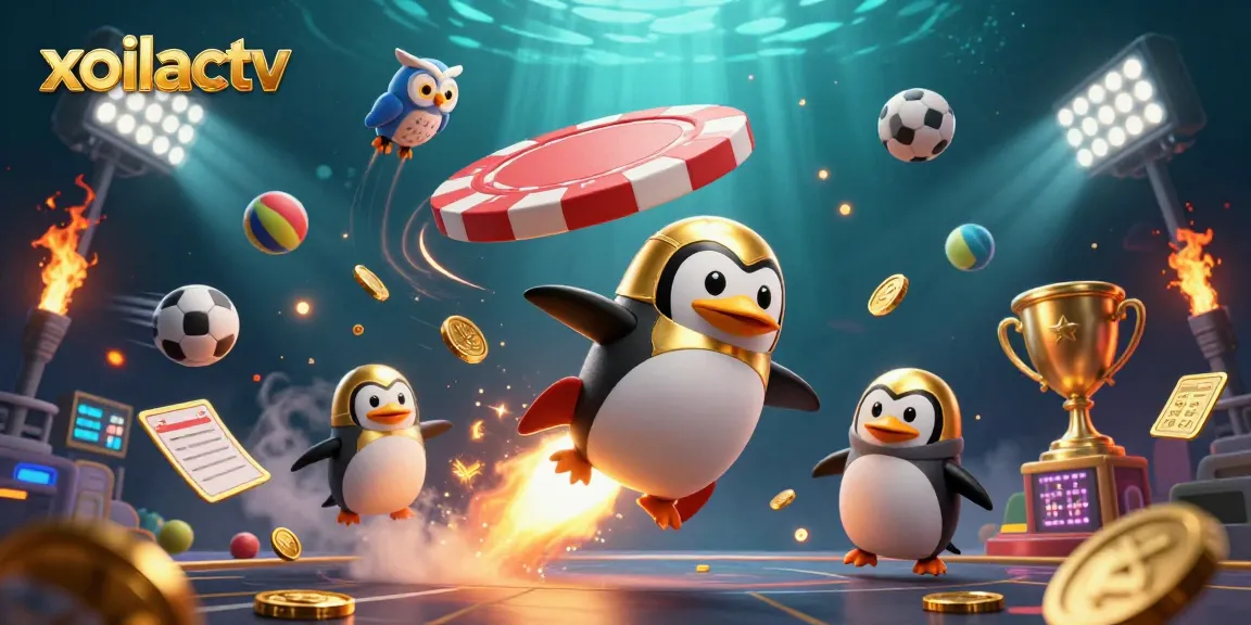 Xoilactv showcases thrilling live betting action with a vibrant 3D scene featuring a golden penguin and sports elements.