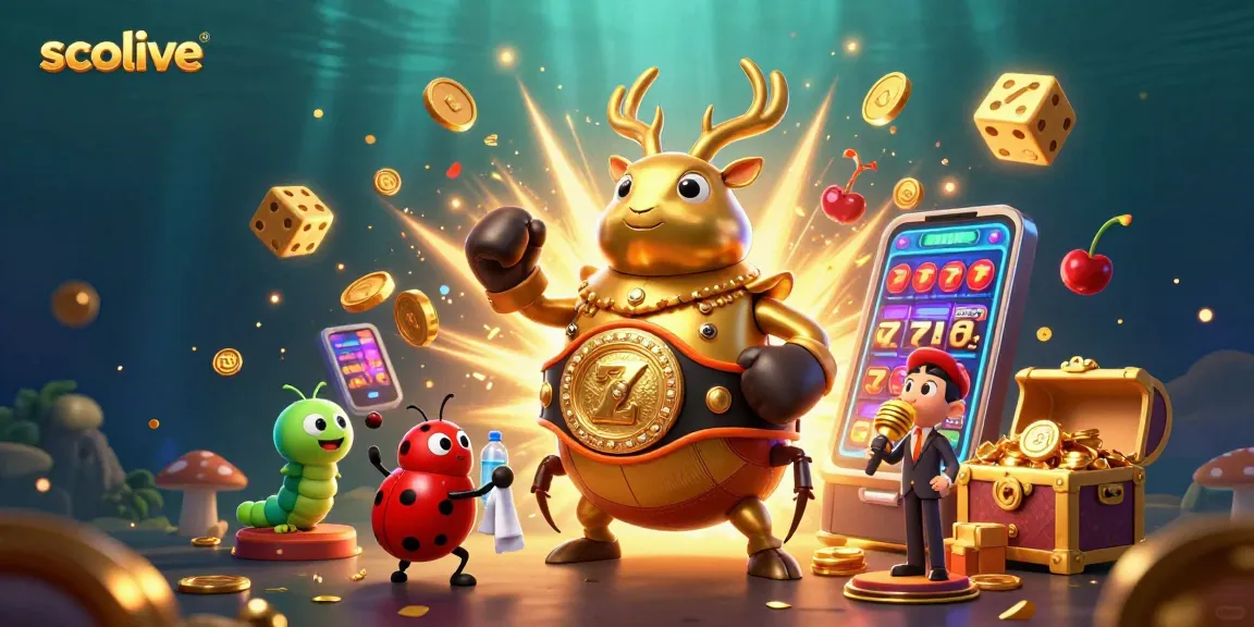 Socolive showcases a vibrant 3D illustration of a golden stag beetle in a champion belt, with casino elements bursting around.