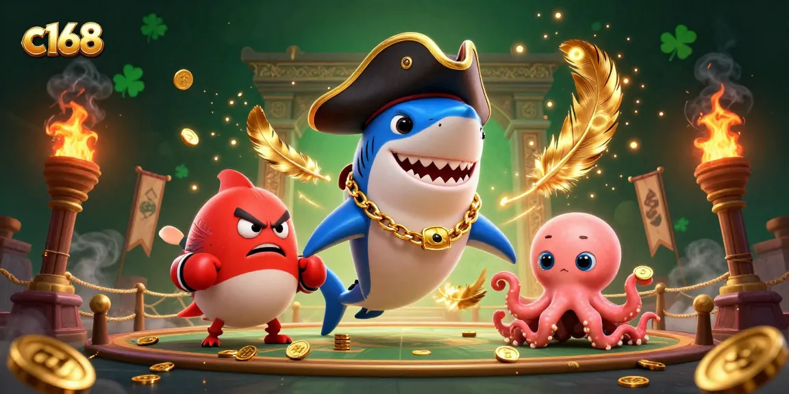 Engage with C168's thrilling gaming experience, featuring a pirate shark and treasure-holding octopus in a vibrant 3D scene.