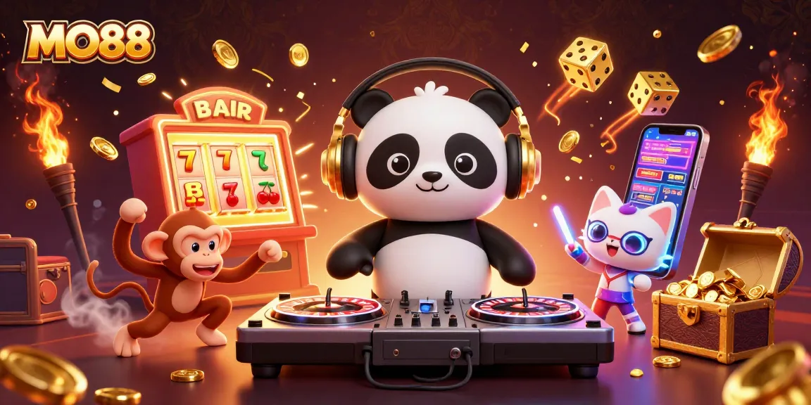 Experience the vibrant MO88 casino scene with a DJ panda, breakdancing monkey, and glowing kitten.