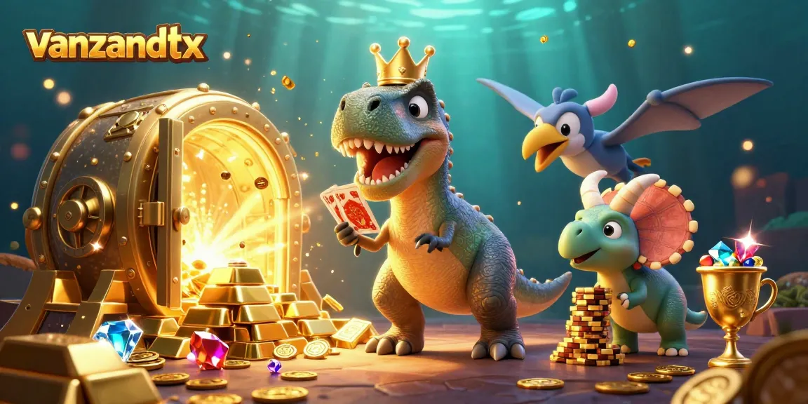 Experience the fun of vanzandttx as playful dinosaurs shuffle gaming cards and stack gold chips.