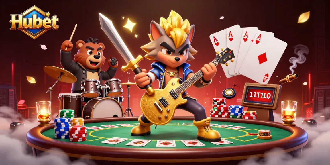 Engaging Hubet casino scene with a rock star wolf and drummer bear performing on stage.