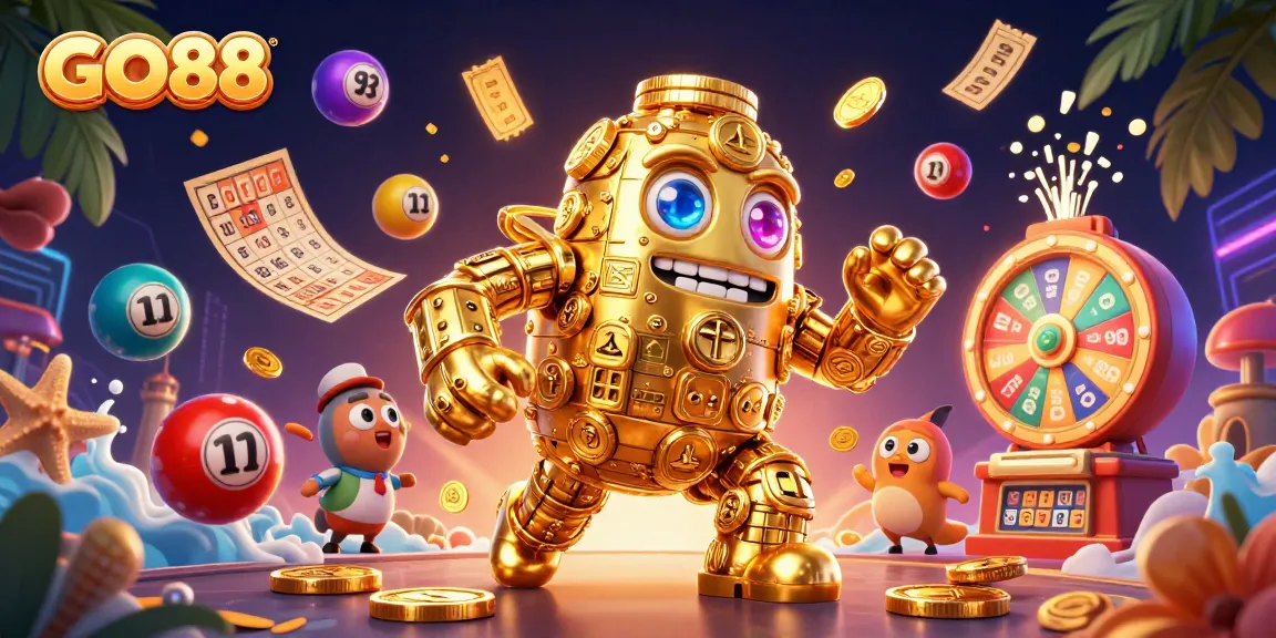 Engage with GO88's vibrant gaming universe featuring a dynamic golden golem and lively lottery elements.