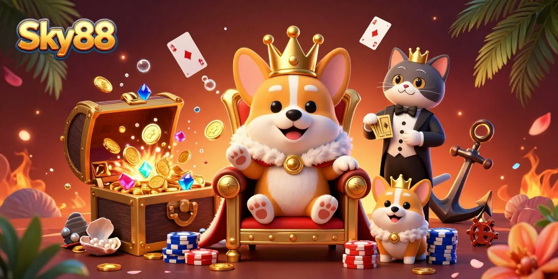 Experience epic gaming with Sky88's royal corgi throne illustration packed with casino excitement.