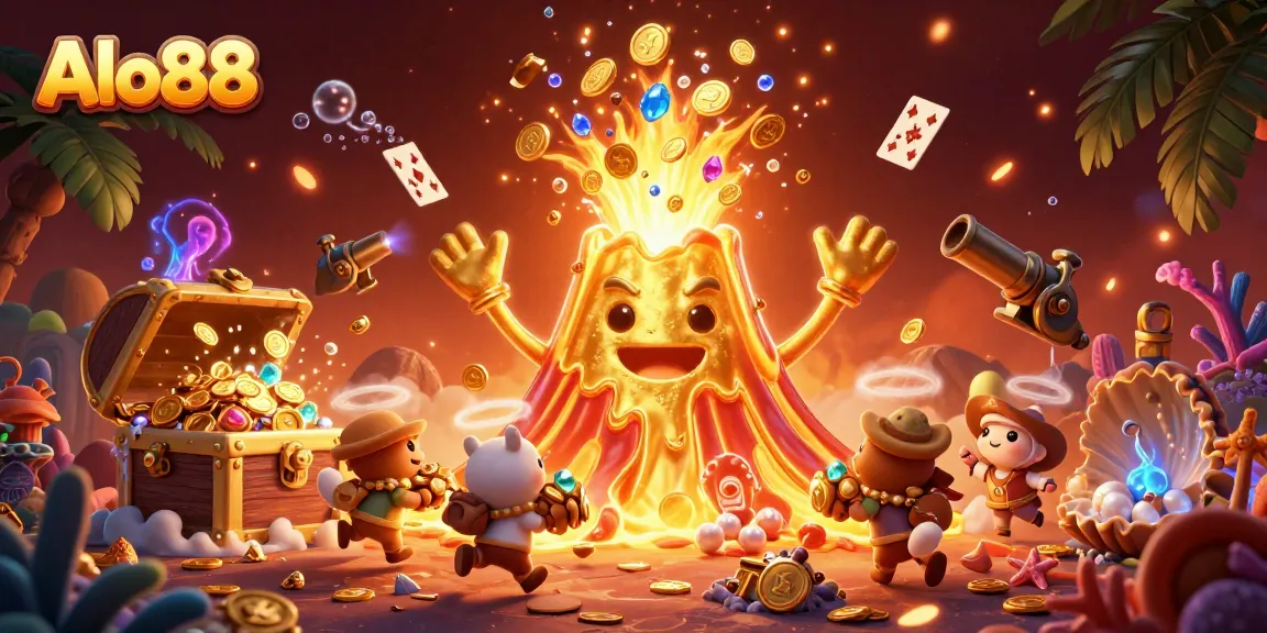 Alo88 offers a colorful treasure hunt vibe, featuring a triumphant golden volcano amidst rich casino elements.
