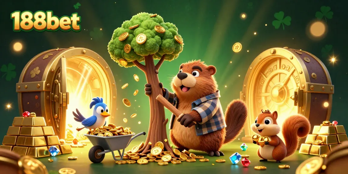 Experience thrilling gaming action with 188bet as cartoon characters collect golden coins in a vibrant casino scene.