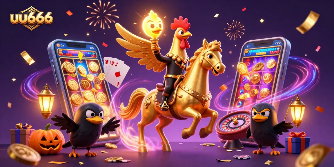 Spin and win with uu666 as a golden rooster soars through a vibrant casino scene.