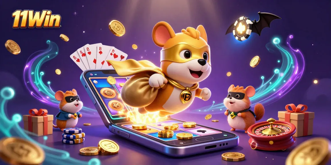 Win big with 11Win, showcasing a superhero dog and colorful casino elements in dynamic 3D art.