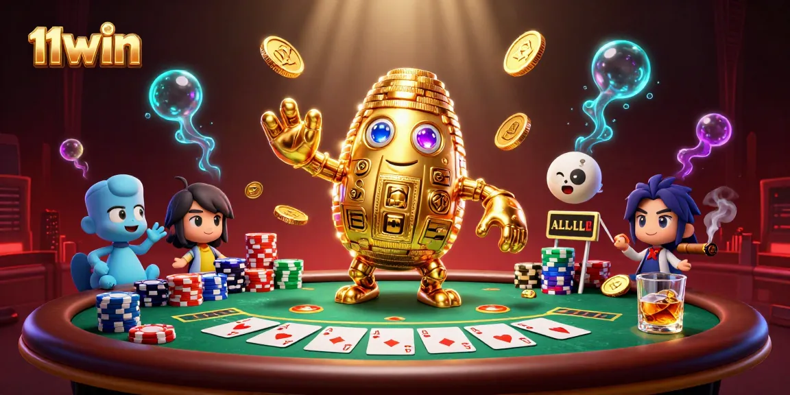 Engage with 11WIN's exciting casino world featuring a golden golem amidst poker elements.