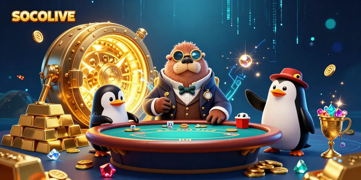 SOCOLIVE interactive scene featuring a walrus in a poker match with stunning treasures.