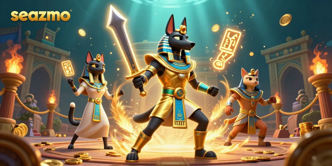 Experience thrilling gaming action with seazmo's vibrant 3D casino illustration featuring ancient Egyptian warriors.