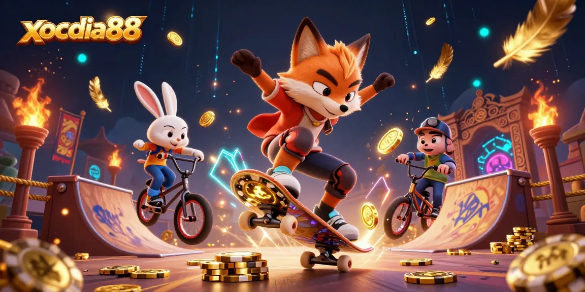xocdia88 gamers experience dynamic illustrations with a fox and rabbit performing tricks over golden poker chips.