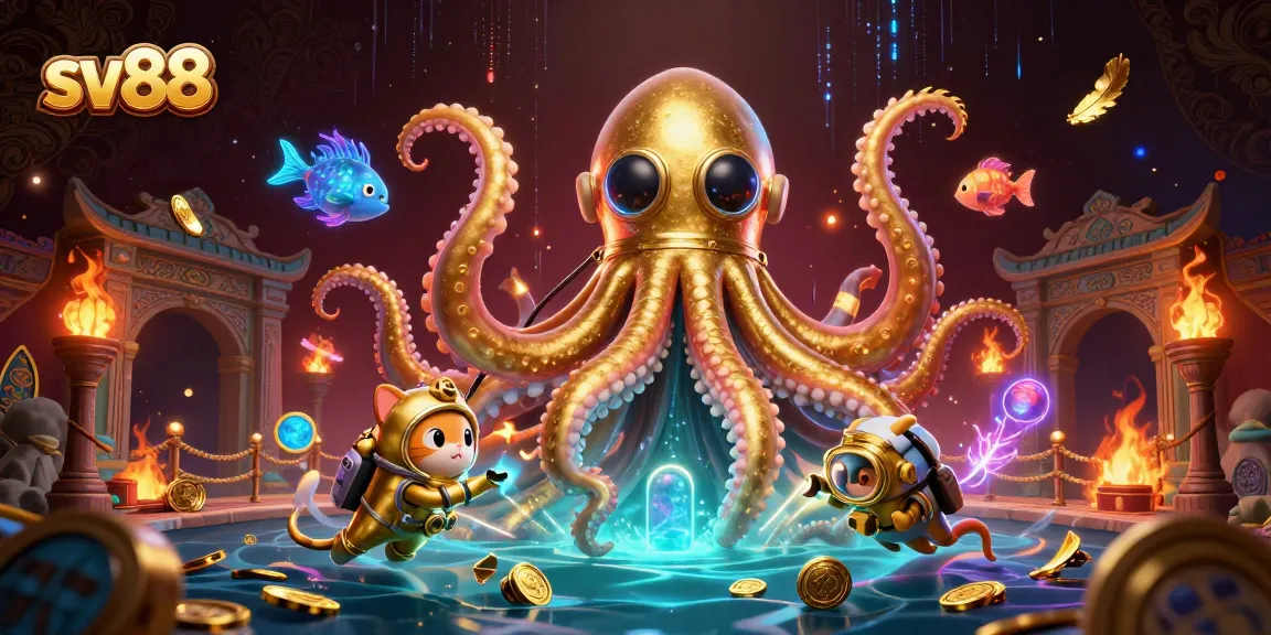 Experience exciting gameplay at SV88 with a colossal kraken amidst treasure and scattered gaming tokens.