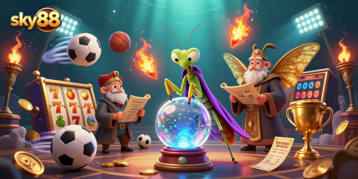 Engage with sky88's vibrant casino world featuring dynamic slot reels, a fortune teller, and lucky symbols.