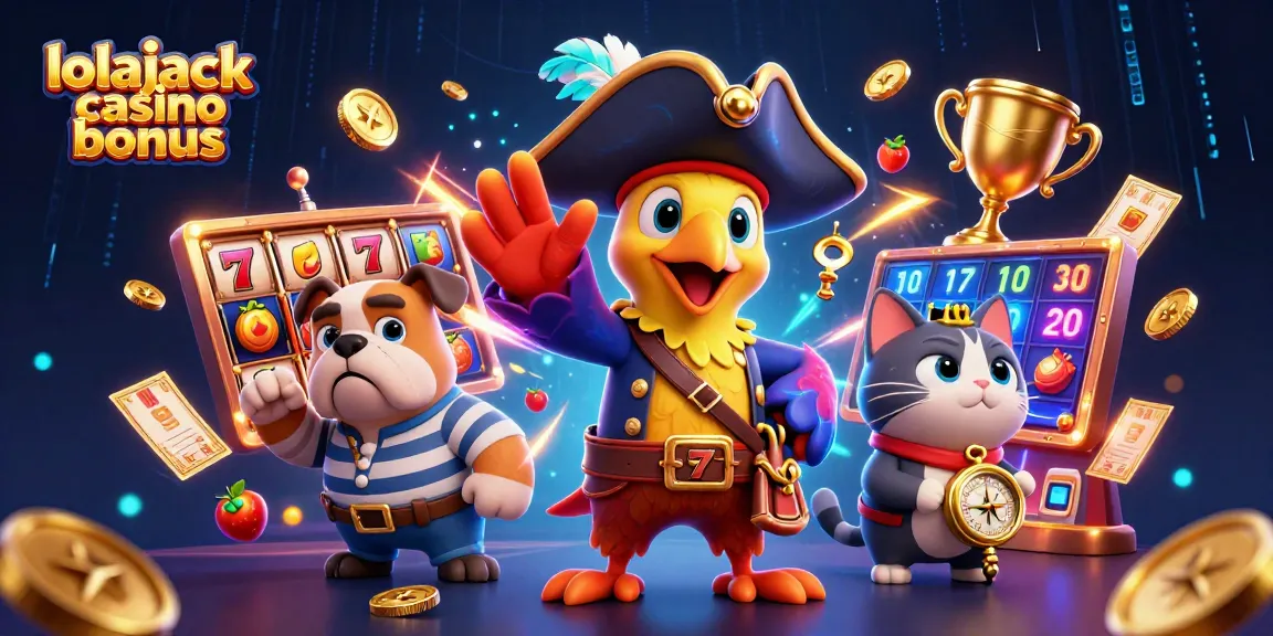 Join the excitement with the lolajack casino bonus as vibrant characters and slot elements swirl together in a lively casino scene.