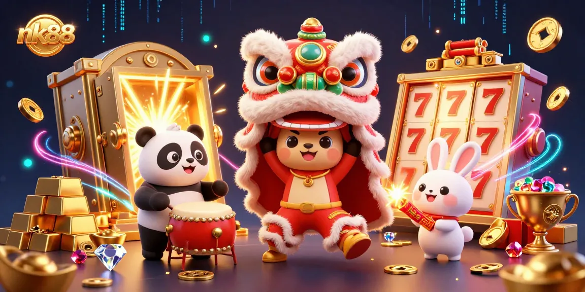 Engage with thrilling jackpots and premium games at nk88 in a vibrant casino-themed illustration.