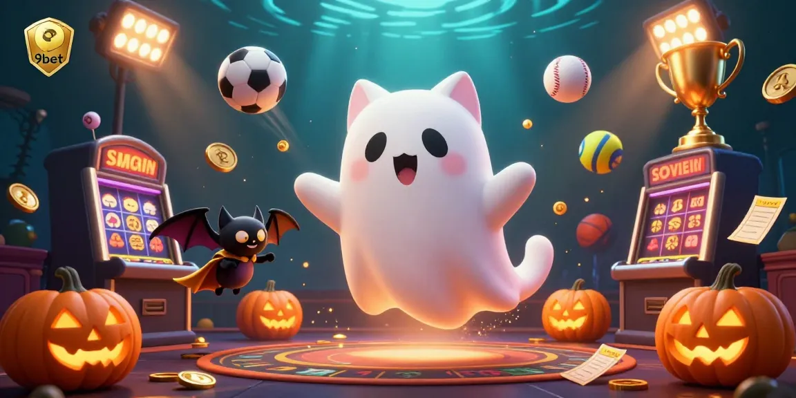 Engage in thrilling gameplay with 9bet, featuring a floating ghost cat and dynamic casino elements.