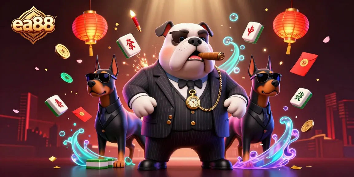 Win big with ea88 at a lively casino scene featuring a mafia boss and bodyguard dogs.