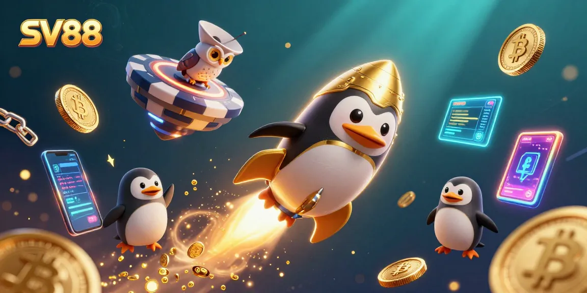 Engage with SV88's thrilling casino adventure featuring a golden penguin and crypto elements.