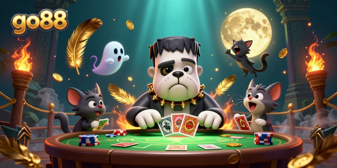 Engage with go88's lively gaming scene featuring a unique 3D bulldog dealer at a vibrant casino.
