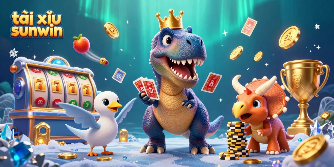 Tài xỉu sunwin showcases a lively 3D cartoon scene with a T-Rex and friends engaging in vibrant gaming action.
