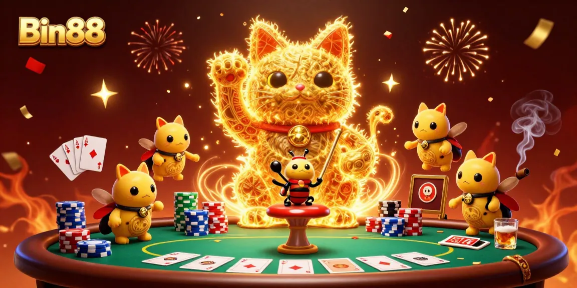 Experience luck at Bin88 with a vibrant lucky cat and poker scene celebrating wins.