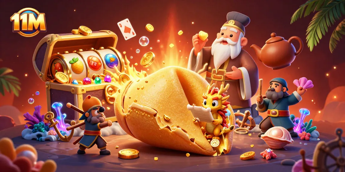 Experience the excitement of slots with 11M, featuring a vibrant scene of golden treasures and dynamic game elements.
