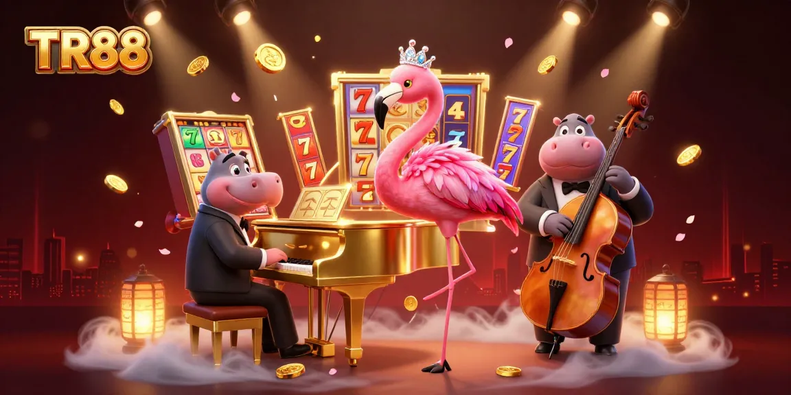 Experience TR88 with a vibrant casino atmosphere featuring a flamingo singer and exciting game elements.