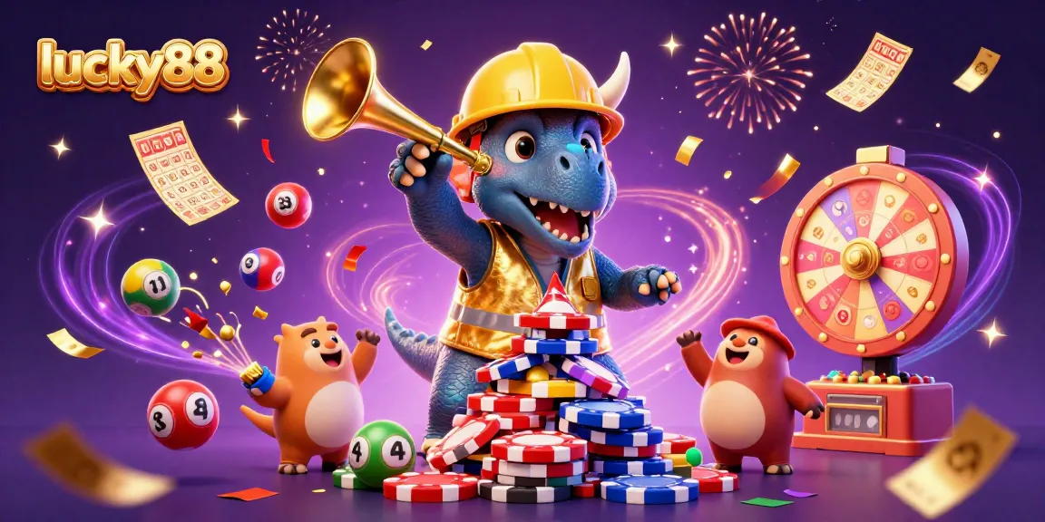 Engage with lucky88 for a vibrant celebration of casino fun, featuring joyful cartoon dinosaurs amidst colorful gaming elements.