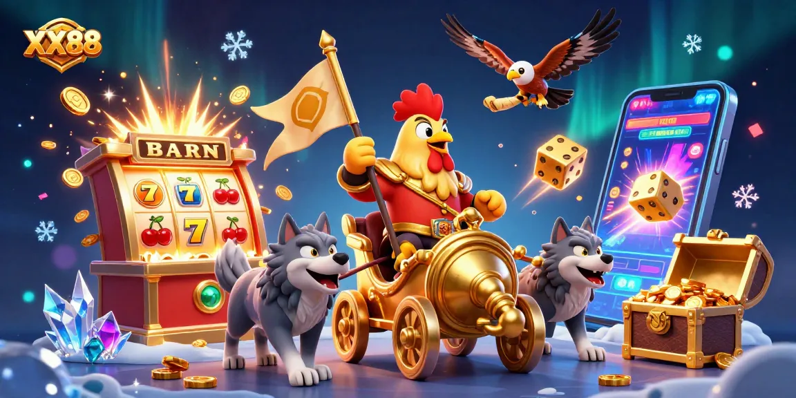 Win big at XX88 with thrilling games, showcasing a vibrant casino scene with animated characters and jackpots.