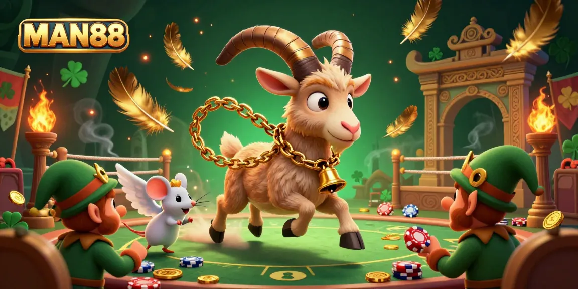 Experience the excitement of MAN88 with playful gremlins, Krampus, and angel mouse in a colorful casino scene.