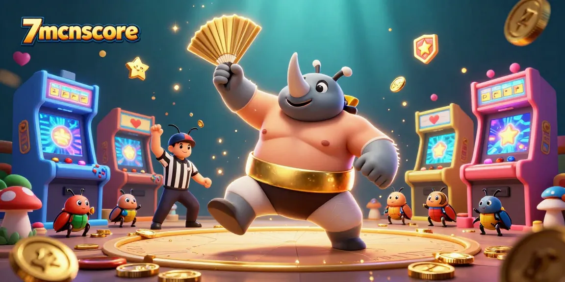 Join the excitement with 7mcnscore as the rhinoceros beetle sumo champion battles in a vibrant arcade-themed casino.