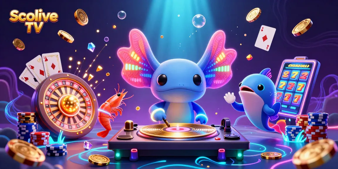 Socolive TV showcases vibrant gambling fun with a neon axolotl DJ and casino elements.