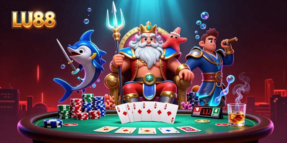 Experience the excitement of LU88 with Neptune and poker elements in this vibrant underwater casino scene.
