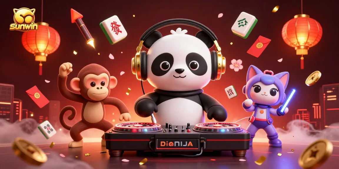 Experience the thrill of sunwin: a lively 3D casino scene with DJ panda, dancing monkey, and glow-stick kitten.