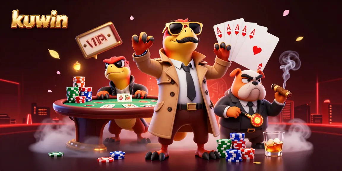 Kuwin's vibrant casino scene shows three raptors in disguise with a bouncer, surrounded by poker elements.