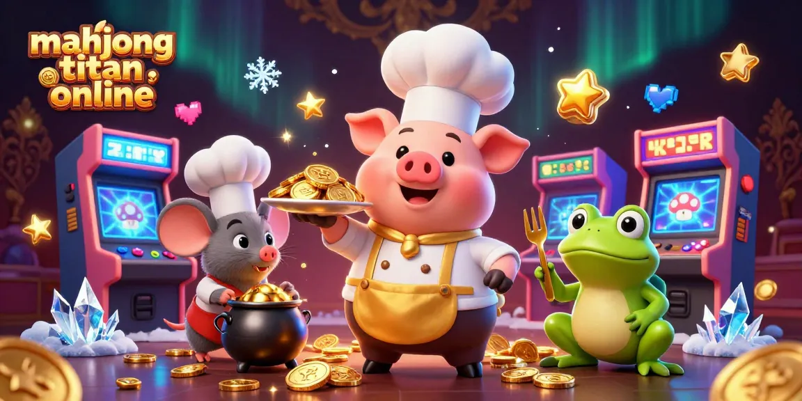 Engage with Mahjong Titan online as a chef pig serves golden coins amidst vibrant gaming elements.