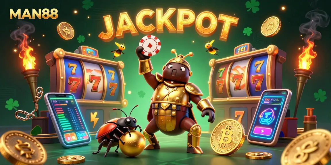 Join the fun at MAN88 with a victorious beetle lifting a poker chip surrounded by crypto coins and jackpot symbols.