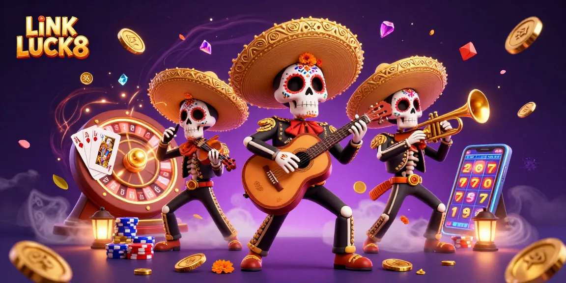 Engage with LINK LUCK8 in a vibrant, festive online casino scene featuring mariachi skeletons.