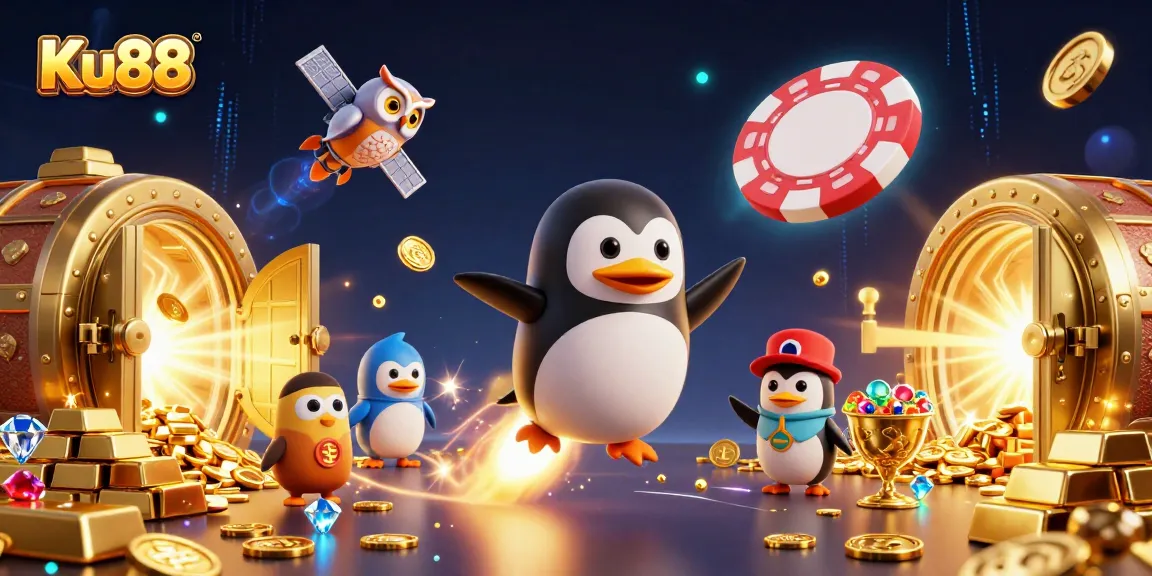 Enjoy thrilling slots at Ku88 with a golden penguin blasting through space to the winning jackpot.