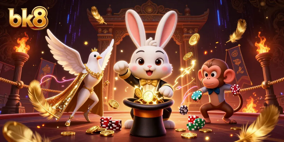 Experience thrilling wins at bk8 with a magician rabbit, doves, and monkeys in a vibrant casino scene.